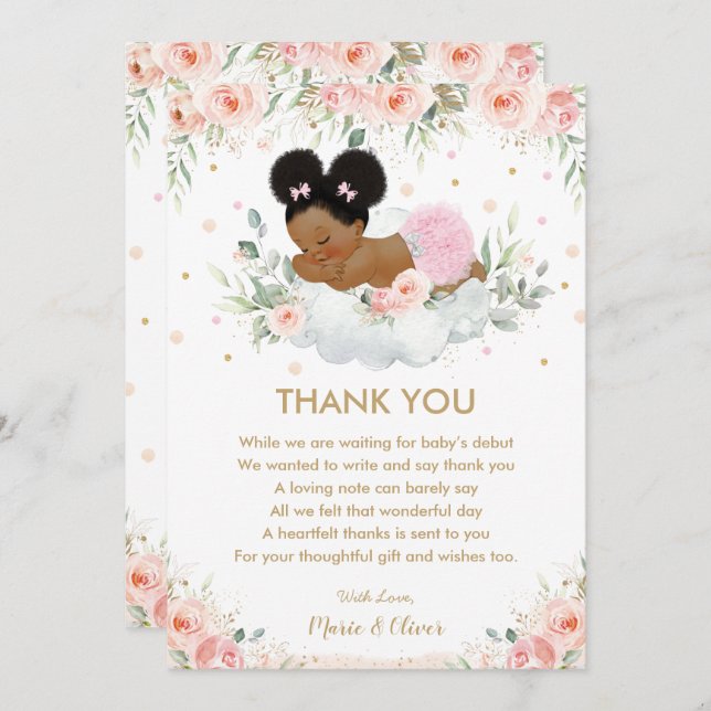 Rosa Blommigt African American Baby Shower Birthda Tack Kort (Fram/baksida)