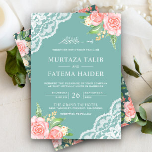 Rosa Blommigt Ägg Snäcka Teal Muslim Bröllop Inbjudningar
