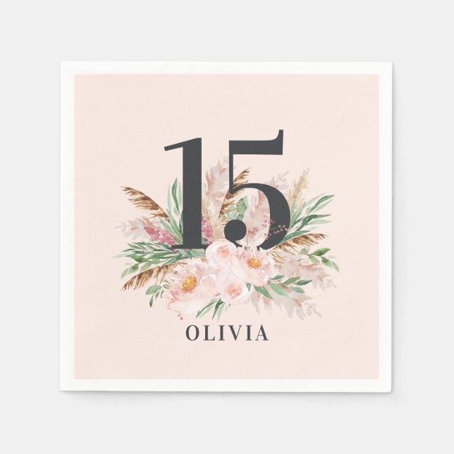 Rosa blommigt  ålder elegant födelsedag pappersservett (Framsidan)