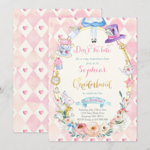 Rosa Blommigt Alice i Onederland Birthday Tea Part Inbjudningar