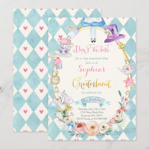 Rosa Blommigt Alice i Onederland Birthday Tea Part Inbjudningar