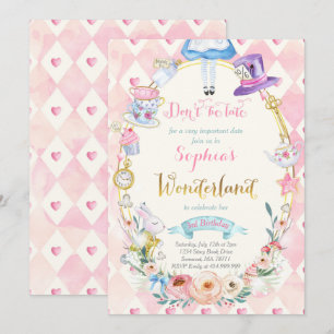 Rosa Blommigt Alice i Wonderland Birthday Tea Part Inbjudningar