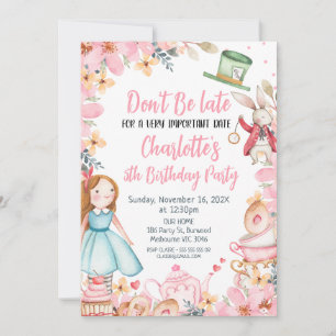 Rosa Blommigt Alice in Wonderlan Birthday Inbjudningar
