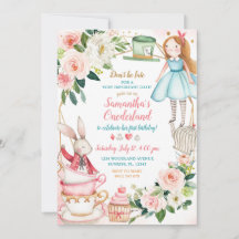 Rosa Blommigt Alice Tea 1:a födelsedagsinbjudan fl