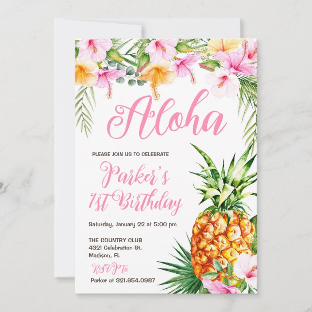  Rosa Blommigt Aloha Pineapple Födelsedagsfest Inbjudningar (Framsida)