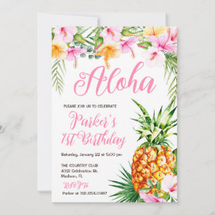 Rosa Blommigt Aloha Pineapple Födelsedagsfest Inbjudningar