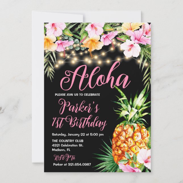  Rosa Blommigt Aloha Pineapple Födelsedagsfest Inbjudningar (Framsida)