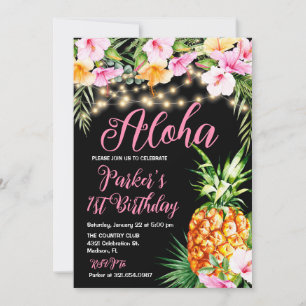 Rosa Blommigt Aloha Pineapple Födelsedagsfest Inbjudningar