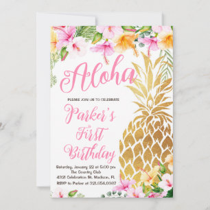 Rosa Blommigt Aloha Pineapple Första födelsedag Inbjudningar