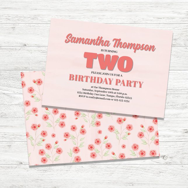 Rosa Blommigt Andra födelsedag Party-mall Inbjudningar (Second Birthday Girls Custom Party Invitations.)