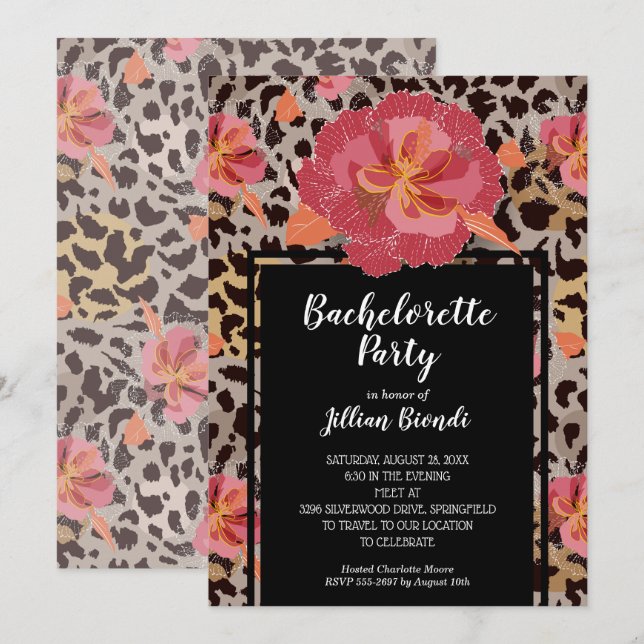 Rosa Blommigt Animal Print Bachelorette Party Inbjudningar (Fram/baksida)