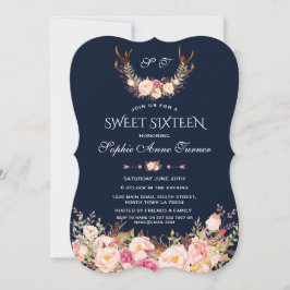 Rosa  Blommigt Antlers Mörk blått Sweet 16 Inbjudningar