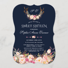 Rosa Blommigt Antlers Mörk blått Sweet 16 Inbjudningar
