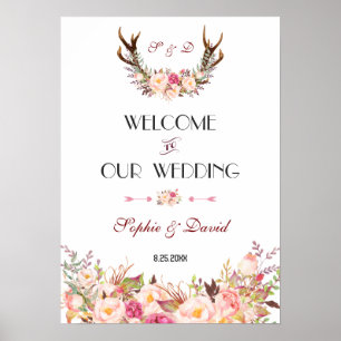 Rosa Blommigt Antlers välkomstskylt Bröllop Poster