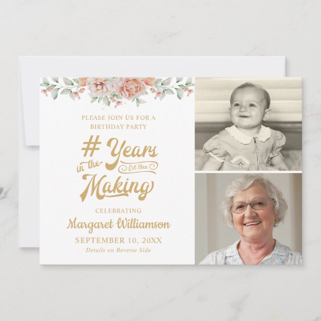 Rosa Blommigt ÅR AV FÖDELSEÅR I DET SKAPAR foto 2 Inbjudningar (Framsida)