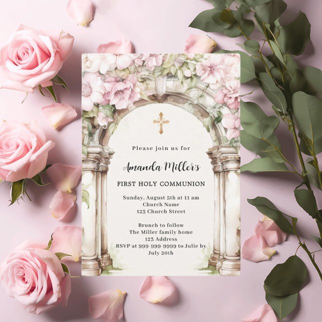 Rosa blommigt Arch beige Girl First Communion Inbjudningar (Skapare uppladdad)