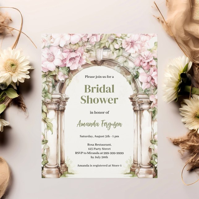 Rosa blommigt Arch beige Inbjudningskort för möhip (Skapare uppladdad)
