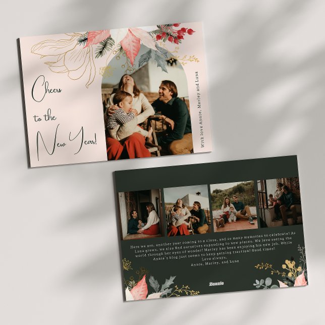 Rosa Blommigt Arch Chef för nyår 5-foto Julkort (Skapare uppladdad)