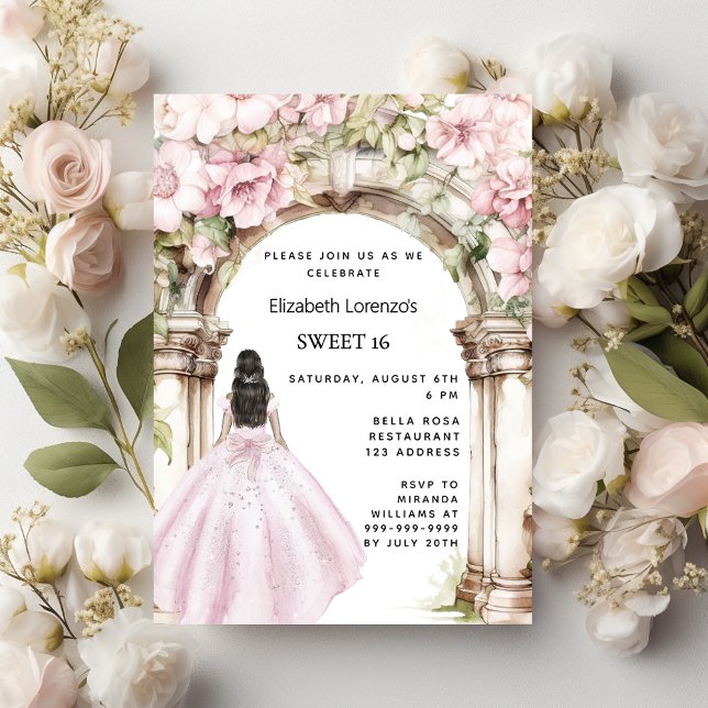 Rosa blommigt Arch dress Sweet 16 Inbjudan Vykort (Skapare uppladdad)