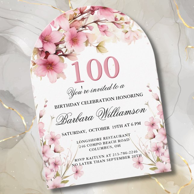 Rosa Blommigt Arch Elegance 100:e Födelsedagsfeste Inbjudningar (Skapare uppladdad)