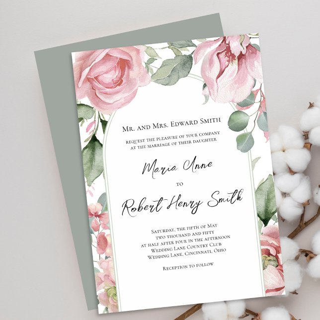  Rosa Blommigt Arch Elegant bröllop Inbjudningar (Elegant wedding invitations with blush pink flowers. )