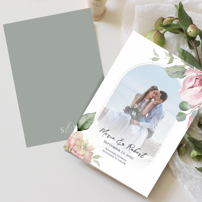  Rosa Blommigt Arch Elegant bröllop Spara Datumet (Elegant wedding save the date photo card. )