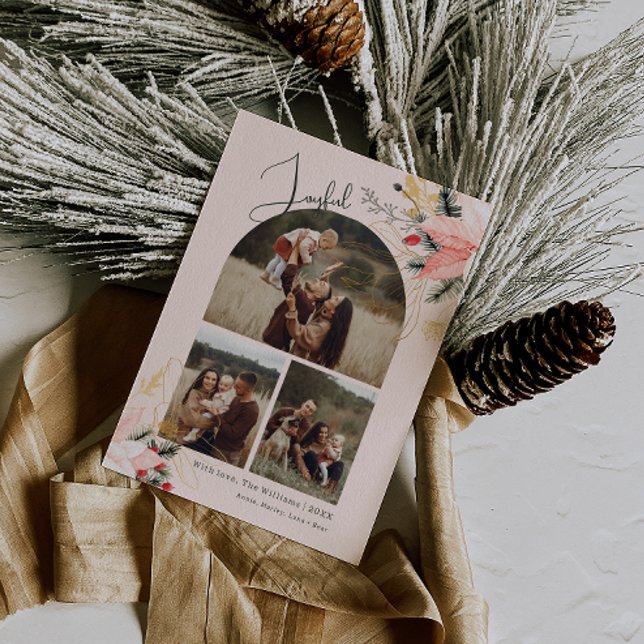 Rosa Blommigt Arch Glatt Tre fotojul Julkort (Skapare uppladdad)