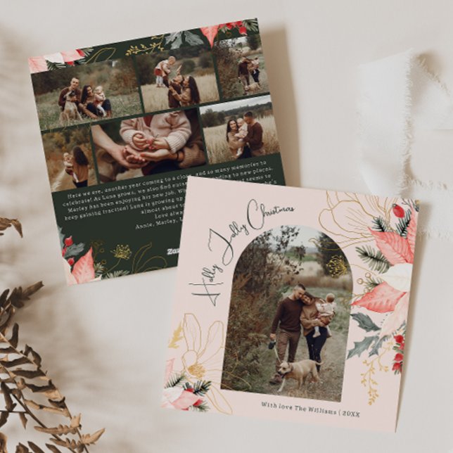 Rosa Blommigt Arch Holly Jolly Jul Sju Photo Julkort (Skapare uppladdad)