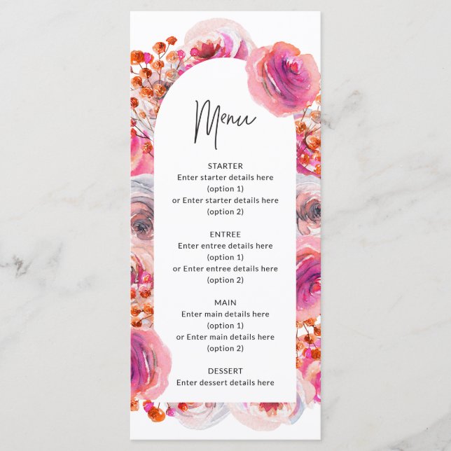 Rosa Blommigt Arch Petals & Prosecco Möhippa Meny (Framsida)