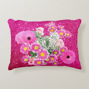Rosa Blommigt Arrangemang Fuschia Faux Glitter Prydnadskudde