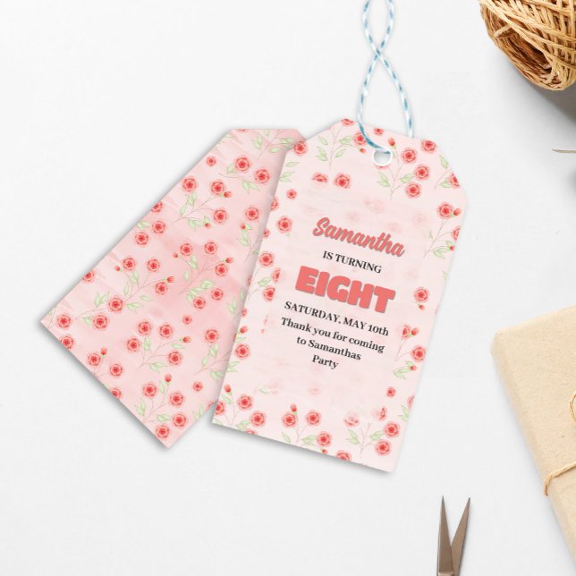Rosa Blommigt Åttonde Anpassningsbarna i födelseda Presentetikett (Cute pink floral gift favor tag template. )