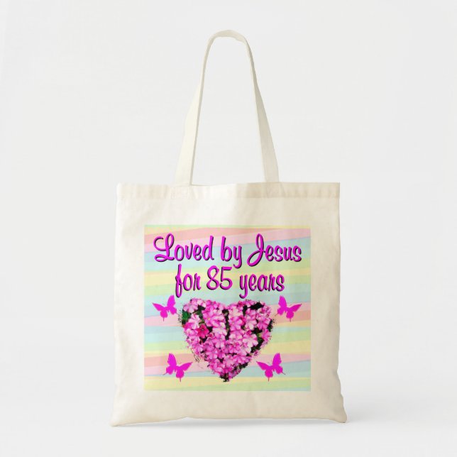 ROSA BLOMMIGT AV JESUS 85 BIRTHDAY TOTE BAG TYGKASSE (Framsidan)