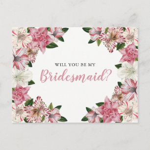 Rosa Blommigt av vit Vintage Bridesmaid-begäran Inbjudan Vykort