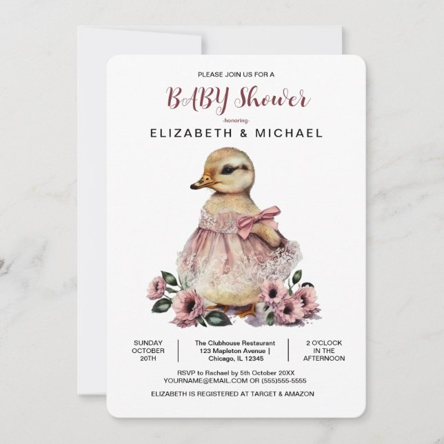 Rosa Blommigt Baby Anka Baby Shower for Girl Inbjudningar (Framsida)