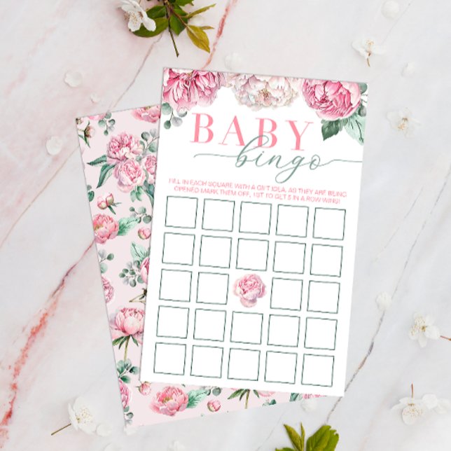 Rosa Blommigt Baby Bingo Baby Shower Activity (Floral Peony Roses - Baby Shower Bingo Activity Game)