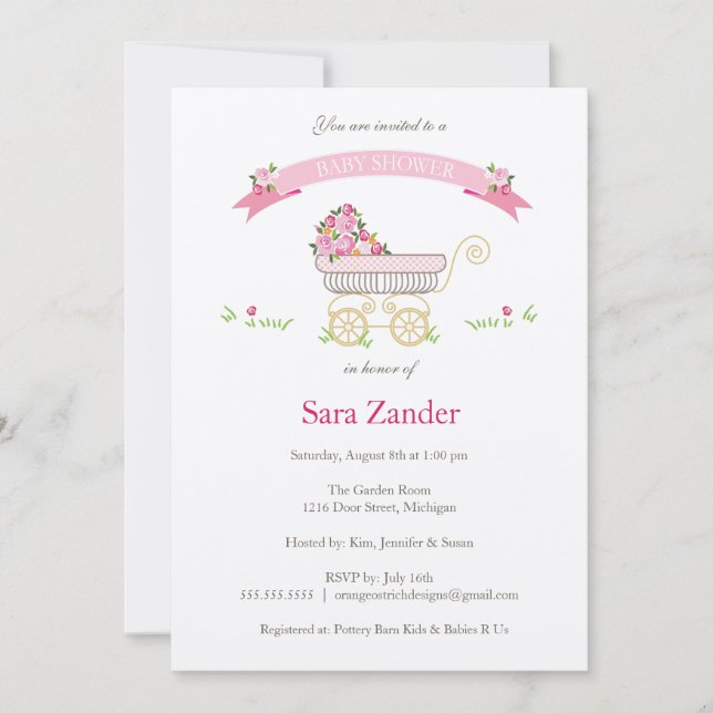 Rosa Blommigt Baby Carriage Baby Shower bjudning Inbjudningar (Framsida)