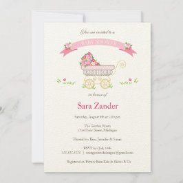 Rosa Blommigt Baby Carriage Baby Shower bjudning Inbjudningar