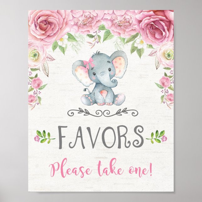 Rosa Blommigt Baby Elephant Girl Favors Sign Decor Poster (Framsidan)