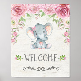 Rosa Blommigt Baby Elephant Girl Välkomstskylt Pos Poster