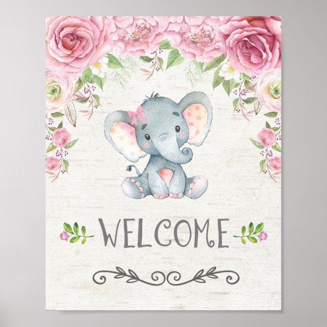 Rosa Blommigt Baby Elephant Girl Välkomstskylt Pos Poster (Framsidan)