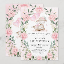  Rosa Blommigt Baby Får Lamb Flickfödelsedag