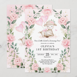 Rosa Blommigt Baby Får Lamb Flickfödelsedag Inbjudningar