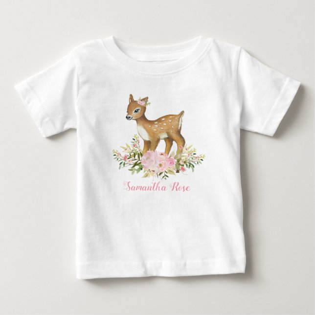 Rosa Blommigt Baby Hjort Birthday Småbarn T-Shirt (Framsida)