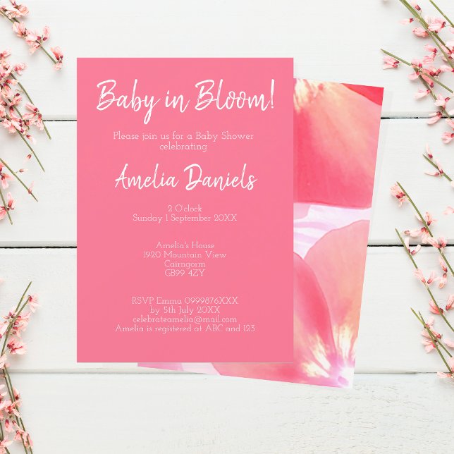 Rosa Blommigt Baby i BLOMMY-inbjudan Inbjudningar (Pretty in pink Baby in bloom invitations.)