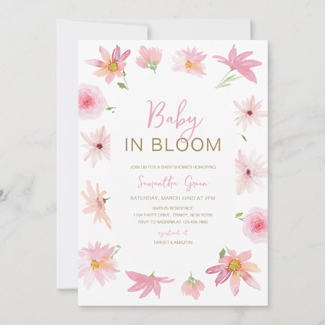 Rosa Blommigt Baby i Bloom Baby Shower Inbjudningar (Framsida)
