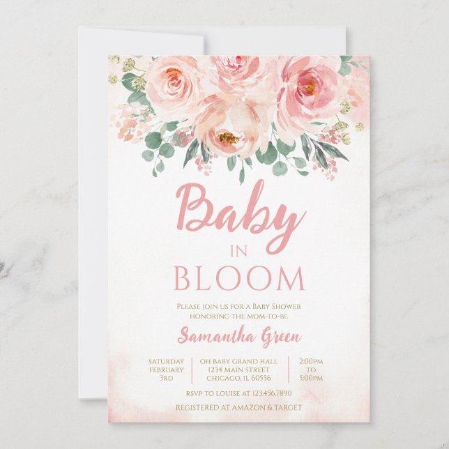 Rosa Blommigt Baby i Bloom Baby Shower Inbjudningar (Framsida)