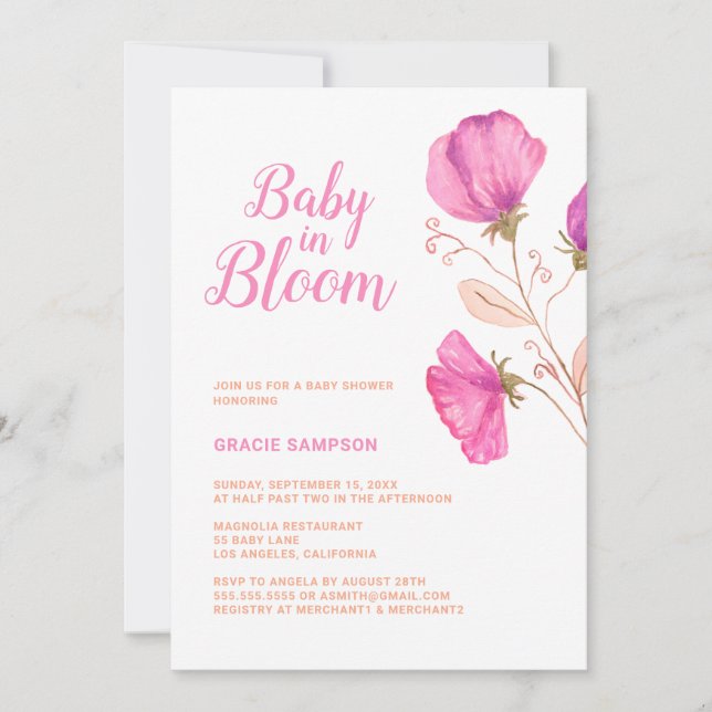 Rosa Blommigt Baby i Bloom Baby Shower Inbjudningar (Framsida)