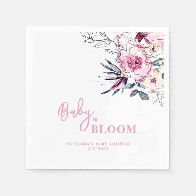 Rosa Blommigt Baby i Bloom Baby Shower Pappersservett (Framsidan)