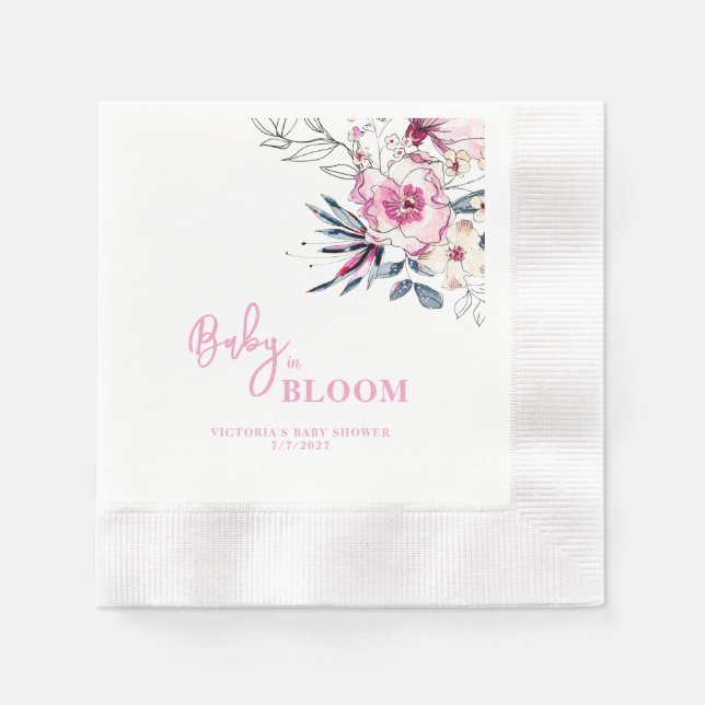 Rosa Blommigt Baby i Bloom Baby Shower Pappersservett (Framsidan)