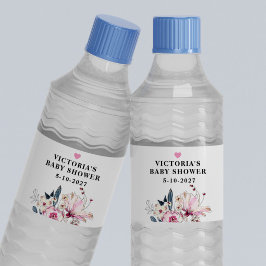 Rosa Blommigt Baby i Bloom Baby Shower Vattenflaska Etikett